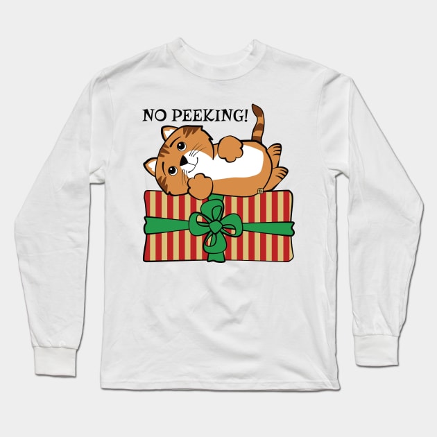 No Peeking Christmas Cat Long Sleeve T-Shirt by Sue Cervenka